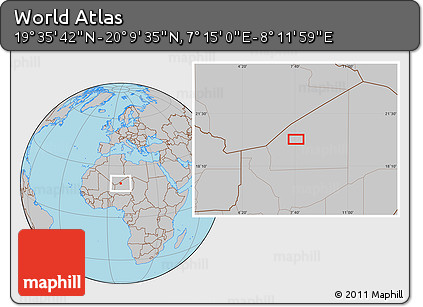 Gray Location Map of the Area around 19° 52' 38" N, 7° 43' 29" E