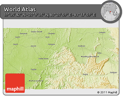Physical 3D Map of the Area around 19° 52' 38" N, 80° 49' 29" E