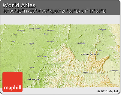 Physical 3D Map of the Area around 19° 52' 38" N, 80° 49' 29" E
