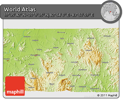 Physical 3D Map of the Area around 19° 52' 38" N, 83° 22' 30" E