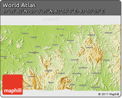 Physical 3D Map of the Area around 19° 52' 38" N, 83° 22' 30" E