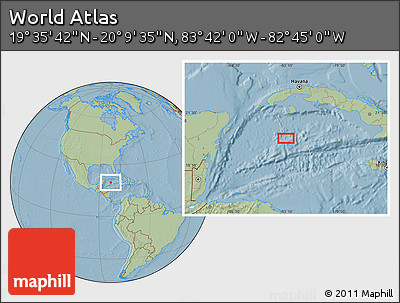 Savanna Style Location Map of the Area around 19° 52' 38" N, 83° 13' 29" W, hill shading
