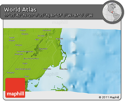 Physical 3D Map of the Area around 19° 52' 38" N, 87° 28' 29" W