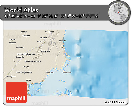 Shaded Relief 3D Map of the Area around 19° 52' 38" N, 87° 28' 29" W