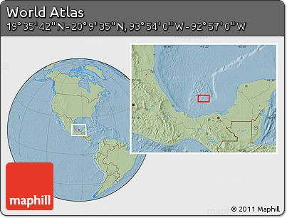 Savanna Style Location Map of the Area around 19° 52' 38" N, 93° 25' 30" W, hill shading