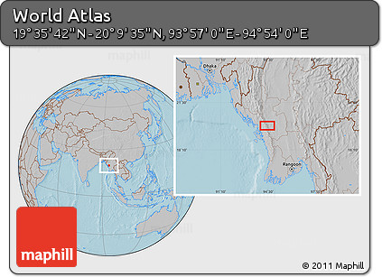 Gray Location Map of the Area around 19° 52' 38" N, 94° 25' 30" E, hill shading
