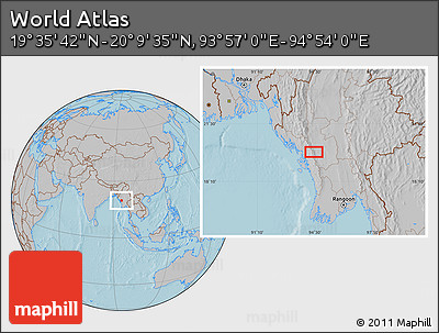 Gray Location Map of the Area around 19° 52' 38" N, 94° 25' 30" E, hill shading