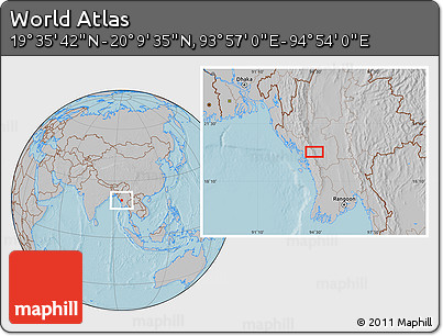 Gray Location Map of the Area around 19° 52' 38" N, 94° 25' 30" E, hill shading