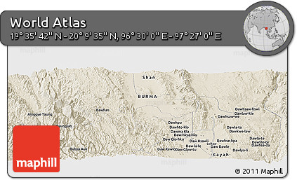 Shaded Relief Panoramic Map of the Area around 19° 52' 38" N, 96° 58' 29" E