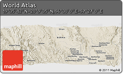 Shaded Relief Panoramic Map of the Area around 19° 52' 38" N, 96° 58' 29" E