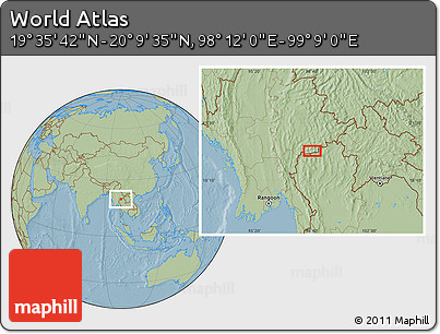 Savanna Style Location Map of the Area around 19° 52' 38" N, 98° 40' 30" E, hill shading