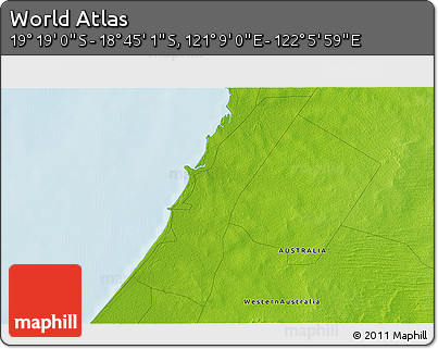 Physical 3D Map of the Area around 19° 2' 1" S, 121° 37' 30" E