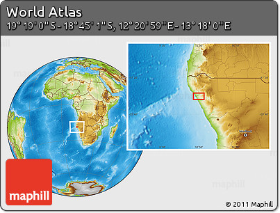 Physical Location Map of the Area around 19° 2' 1" S, 12° 49' 29" E