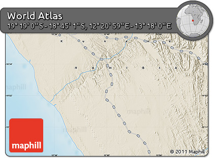 Shaded Relief Map of the Area around 19° 2' 1" S, 12° 49' 29" E