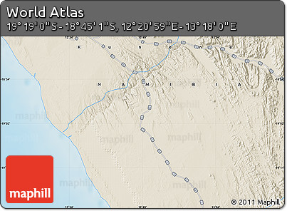 Shaded Relief Map of the Area around 19° 2' 1" S, 12° 49' 29" E