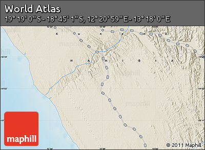 Shaded Relief Map of the Area around 19° 2' 1" S, 12° 49' 29" E