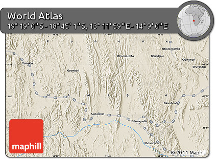 Shaded Relief Map of the Area around 19° 2' 1" S, 13° 40' 30" E