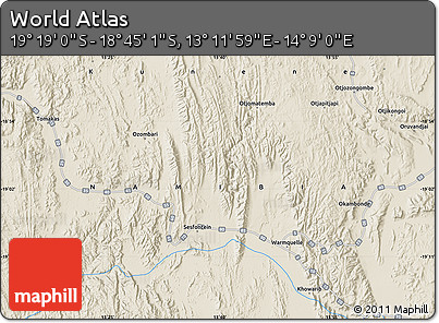 Shaded Relief Map of the Area around 19° 2' 1" S, 13° 40' 30" E