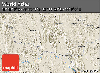 Shaded Relief Map of the Area around 19° 2' 1" S, 13° 40' 30" E