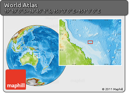 Physical Location Map of the Area around 19° 2' 1" S, 150° 31' 30" E
