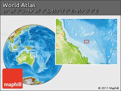 Physical Location Map of the Area around 19° 2' 1" S, 150° 31' 30" E
