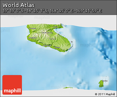 Physical 3D Map of the Area around 19° 2' 1" S, 169° 13' 29" E