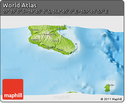 Physical 3D Map of the Area around 19° 2' 1" S, 169° 13' 29" E