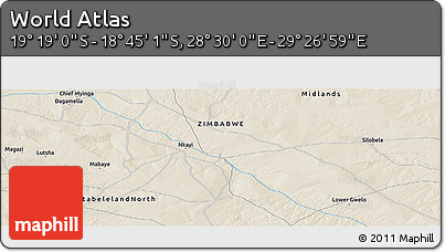 Shaded Relief Panoramic Map of the Area around 19° 2' 1" S, 28° 58' 30" E