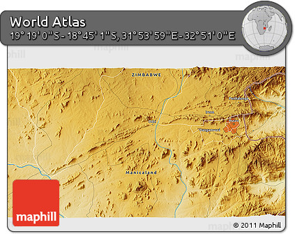 Physical 3D Map of the Area around 19° 2' 1" S, 32° 22' 30" E