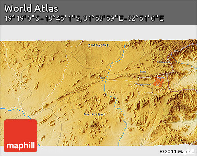 Physical 3D Map of the Area around 19° 2' 1" S, 32° 22' 30" E