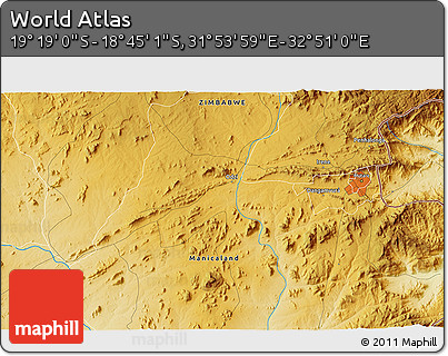 Physical 3D Map of the Area around 19° 2' 1" S, 32° 22' 30" E