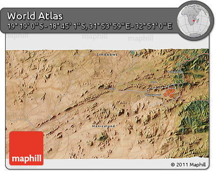 Satellite 3D Map of the Area around 19° 2' 1" S, 32° 22' 30" E