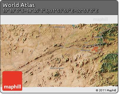 Satellite 3D Map of the Area around 19° 2' 1" S, 32° 22' 30" E