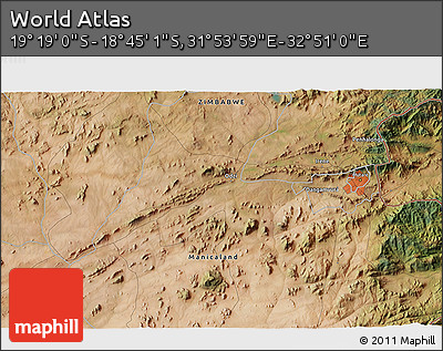 Satellite 3D Map of the Area around 19° 2' 1" S, 32° 22' 30" E