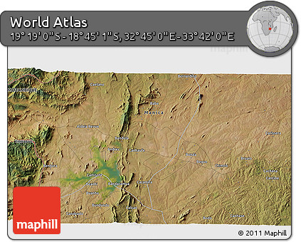 Satellite 3D Map of the Area around 19° 2' 1" S, 33° 13' 30" E