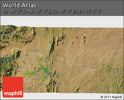 Satellite 3D Map of the Area around 19° 2' 1" S, 33° 13' 30" E