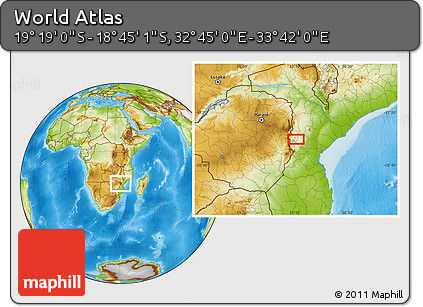 Physical Location Map of the Area around 19° 2' 1" S, 33° 13' 30" E