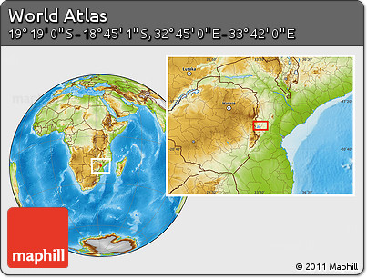 Physical Location Map of the Area around 19° 2' 1" S, 33° 13' 30" E