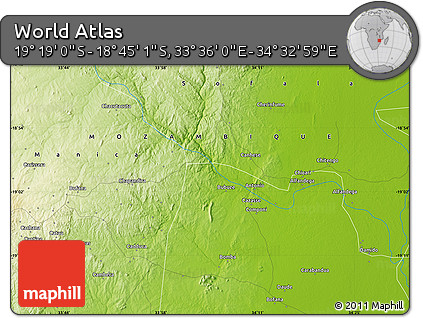 Physical Map of the Area around 19° 2' 1" S, 34° 4' 30" E