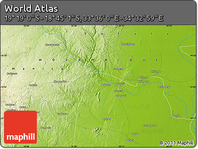 Physical Map of the Area around 19° 2' 1" S, 34° 4' 30" E