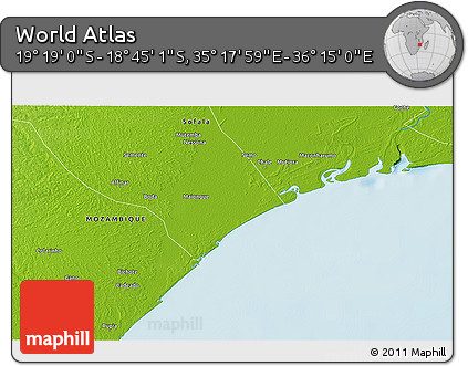 Physical 3D Map of the Area around 19° 2' 1" S, 35° 46' 29" E