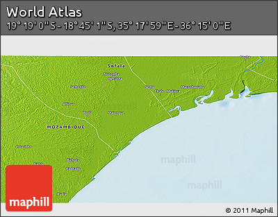 Physical 3D Map of the Area around 19° 2' 1" S, 35° 46' 29" E