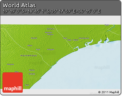 Physical 3D Map of the Area around 19° 2' 1" S, 35° 46' 29" E