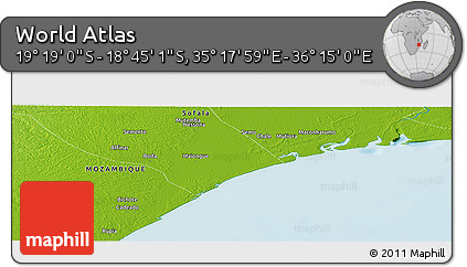 Physical Panoramic Map of the Area around 19° 2' 1" S, 35° 46' 29" E