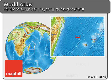 Physical Location Map of the Area around 19° 2' 1" S, 53° 37' 30" E