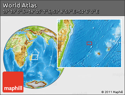 Physical Location Map of the Area around 19° 2' 1" S, 53° 37' 30" E