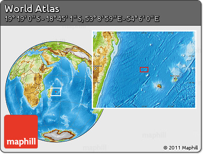 Physical Location Map of the Area around 19° 2' 1" S, 53° 37' 30" E