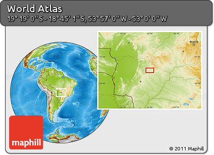 Physical Location Map of the Area around 19° 2' 1" S, 53° 28' 30" W