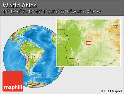 Physical Location Map of the Area around 19° 2' 1" S, 53° 28' 30" W