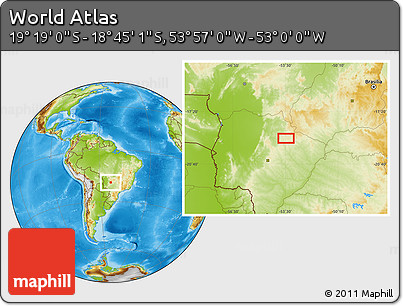 Physical Location Map of the Area around 19° 2' 1" S, 53° 28' 30" W